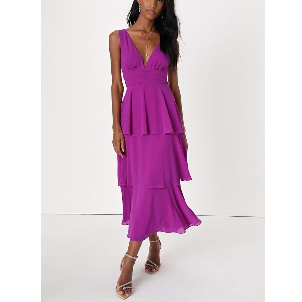 LULUS Celebration Time Purple Sleeveless Tiered Midi Dress